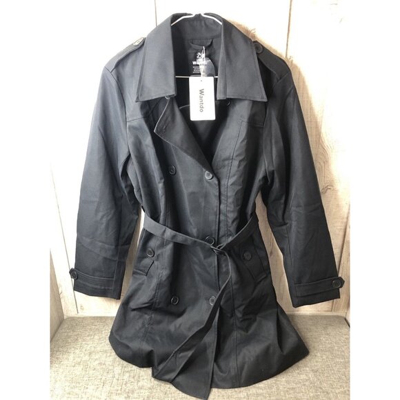 Wantdo Jackets & Blazers - Womens Wantdo Black Lapel Double Breasted Belted Lined Pea Coat Size Large